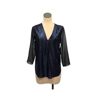 Sandro Paris Shirt Womens Medium Black Blue Metallic Sheer 3/4 Sleeve Deep V